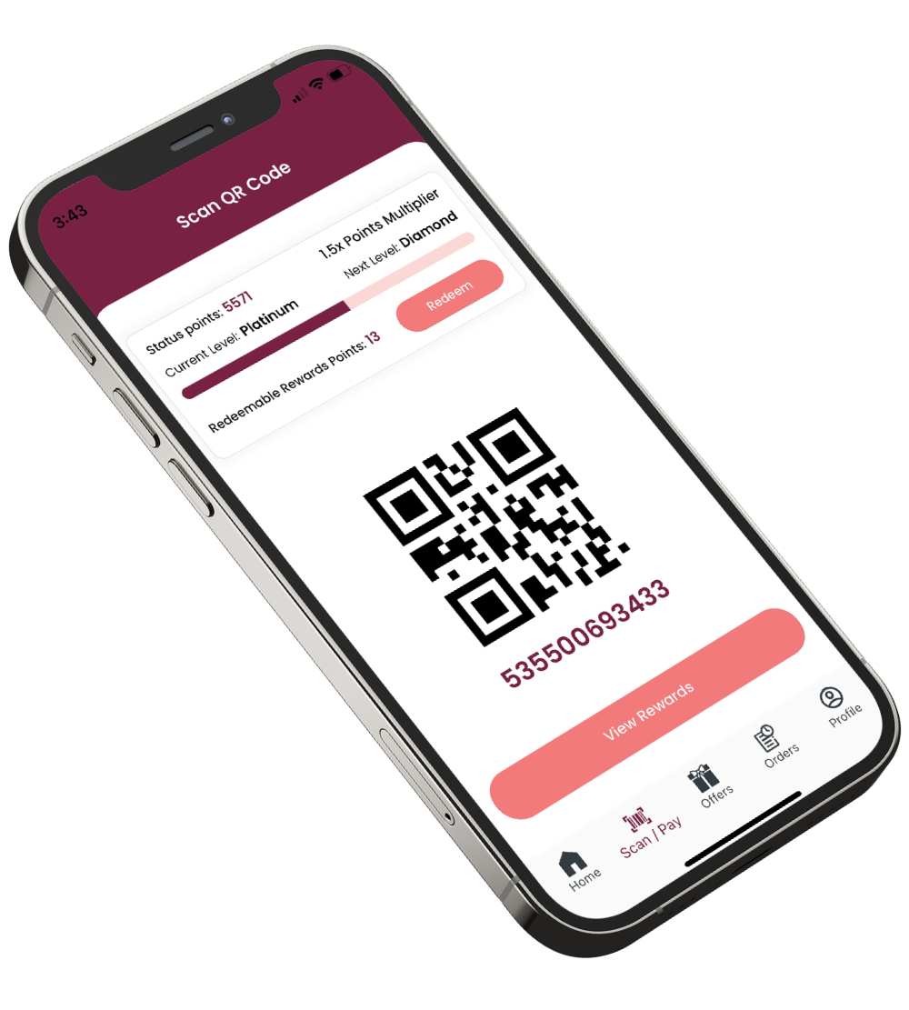Ma's Donuts app scan screen showing a QR code and rewards status